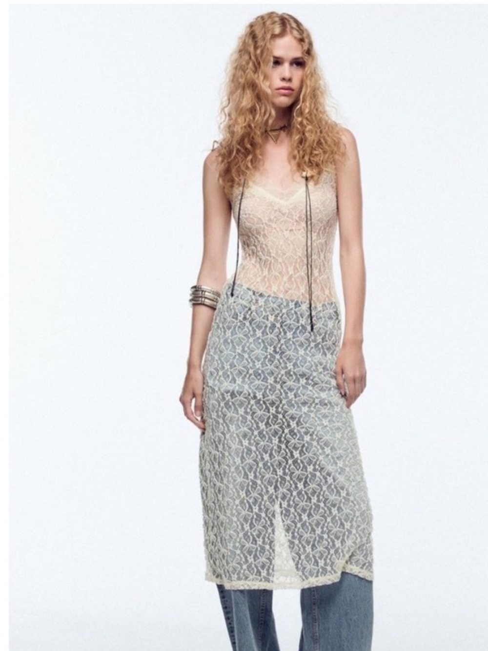 Zara NWT Ecru Sheer Lace Midi Slip Dress Overlay - Boho / Bridal